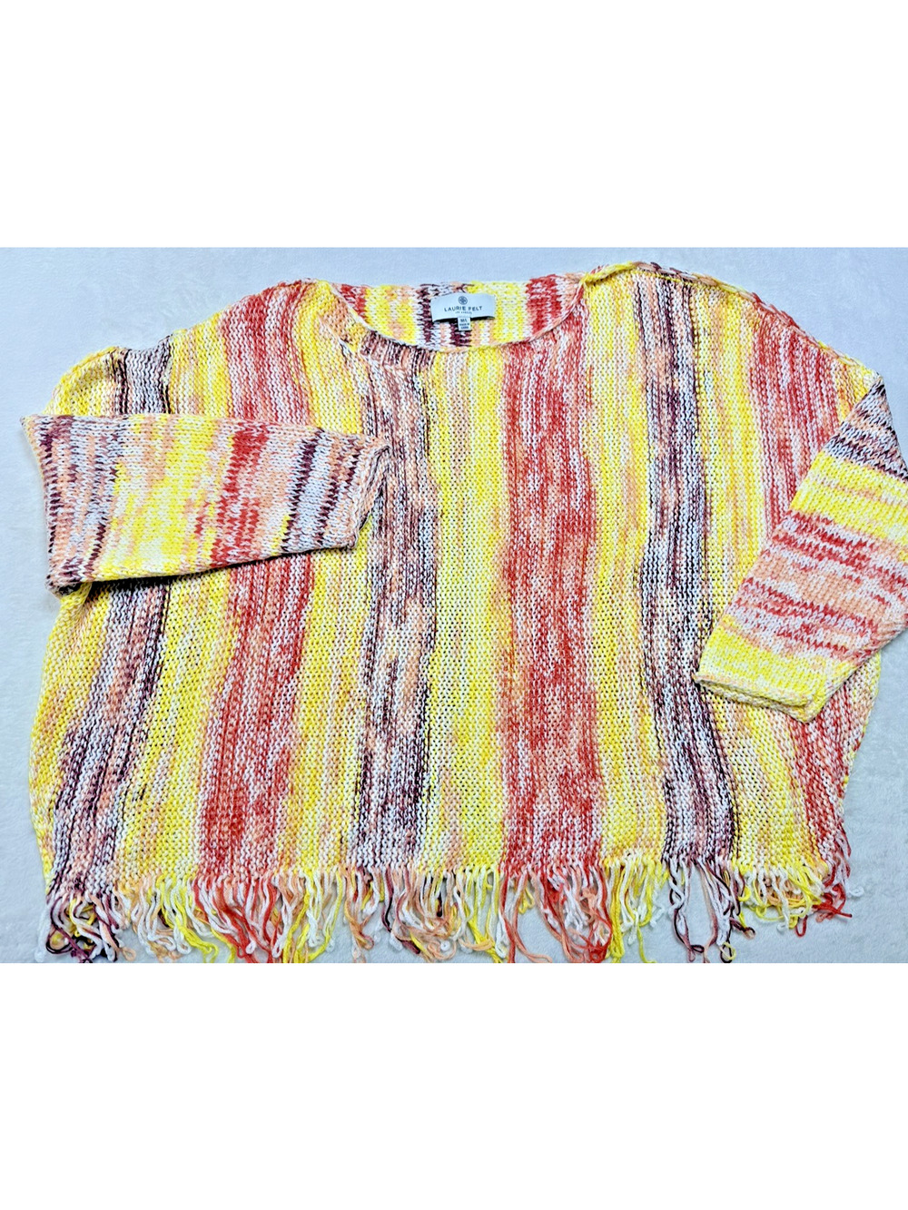 Laurie Felt Baja Sweater M/L Neutral Yellow Orange Space Dyed Fringe Pullover